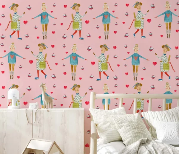 Chic Girls & Hearts Pattern Wall Mural