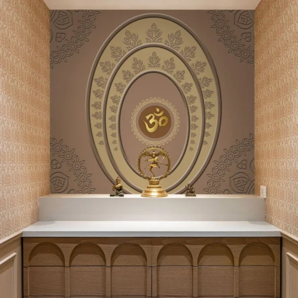 Golden Om Wall Panel on Brown Spiritual Background