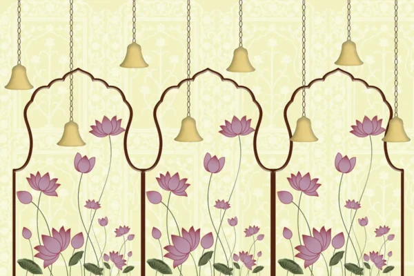 Lotus & Golden Bell Floral Temple Wallpaper