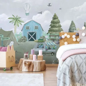 Pastel Forest Camping Wall Mural for Kids Room