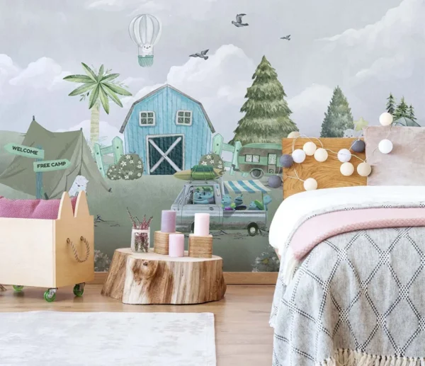 Pastel Forest Camping Wall Mural for Kids Room