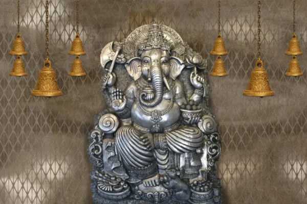 Silver Ganesha Ji Wall Mural with Golden Temple Bells