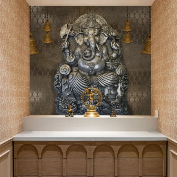 Silver Ganesha Ji Wall Mural with Golden Temple Bells
