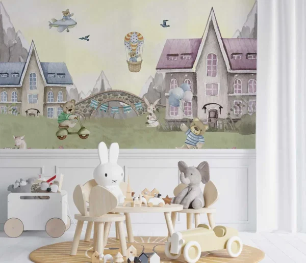 Teddy Bear Village Wall Mural for Kids Rooms