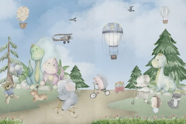 Whimsical Dino & Animal Kids Wall Mural - Image 2