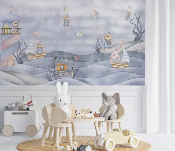 Whimsical Sailing Bears Wall Mural