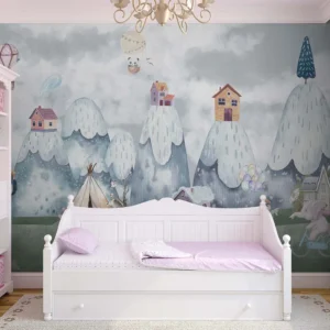 Whimsical Snowy Peaks Kids Wallpaper