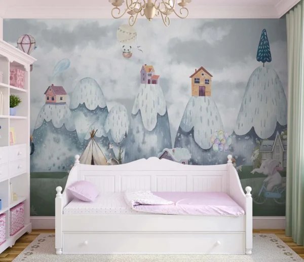 Whimsical Snowy Peaks Kids Wallpaper