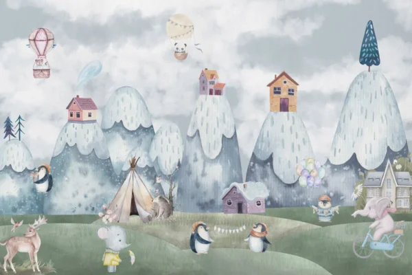 Whimsical Snowy Peaks Kids Wallpaper - Image 2