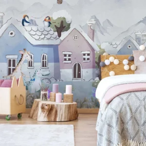 Whimsy Critter Town Wall Mural – Snowy Animal Stroll