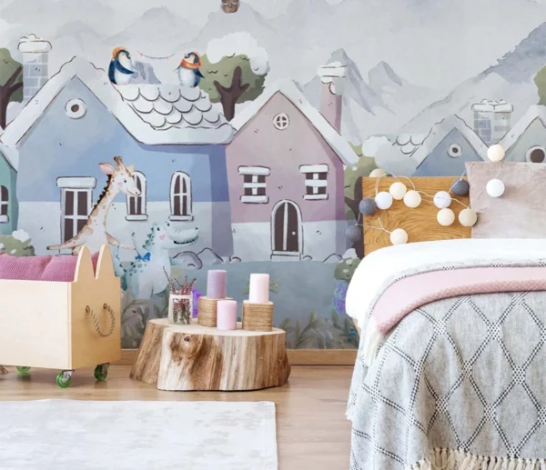 Whimsy Critter Town Wall Mural – Snowy Animal Stroll