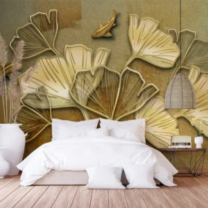 Ginkgo & Gold Fish 3D Mural Tranquil Design