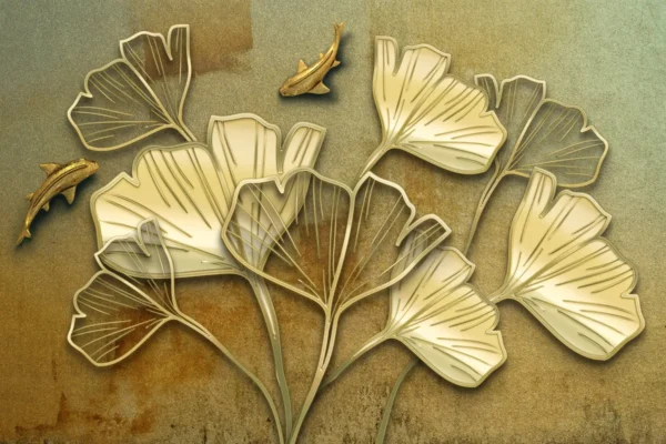 Ginkgo & Gold Fish 3D Mural Tranquil Design