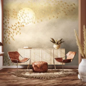 Golden Flight Mural – Elegant Bird Wall Art