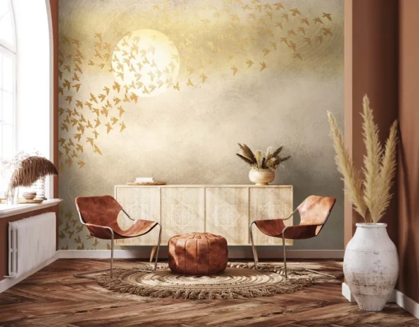 Golden Flight Mural – Elegant Bird Wall Art