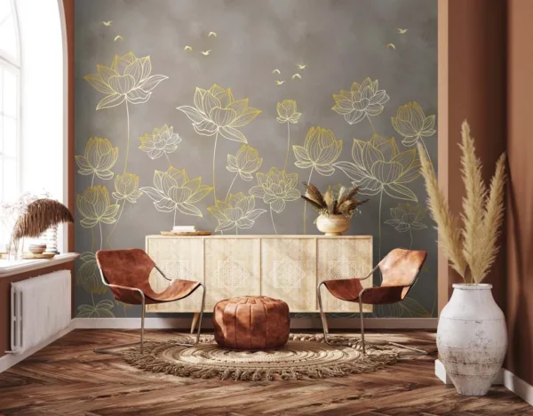 Golden Lotus Floral Wall Mural