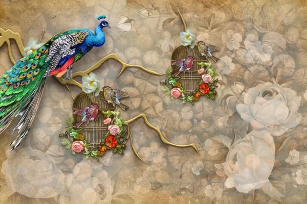 Peacock & Birdcage 3D Mural Vintage Floral