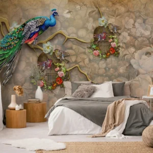 Peacock & Birdcage 3D Mural Vintage Floral
