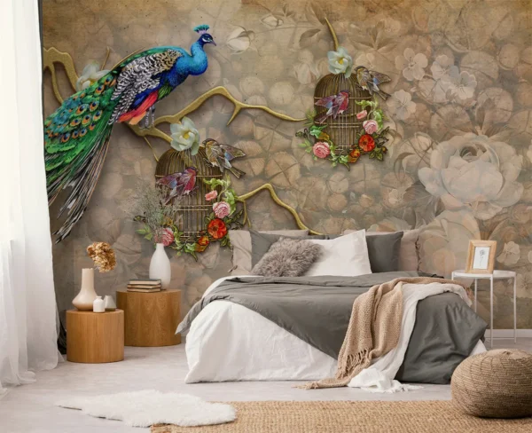 Peacock & Birdcage 3D Mural Vintage Floral