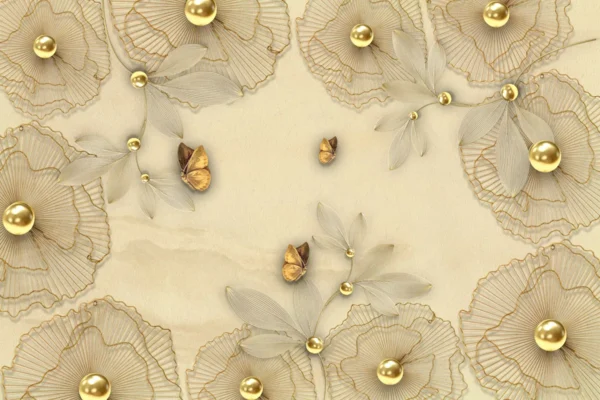 3D Golden Floral Butterfly Wallpaper