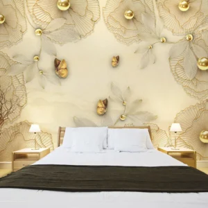 3D Golden Floral Butterfly Wallpaper