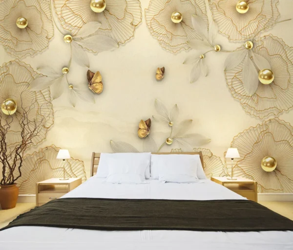 3D Golden Floral Butterfly Wallpaper