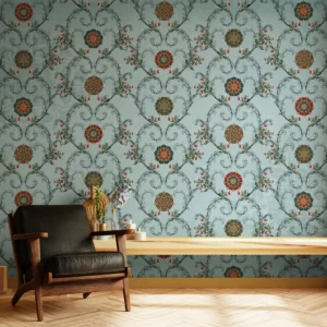 Ornate Blue Floral Damask Wallpaper