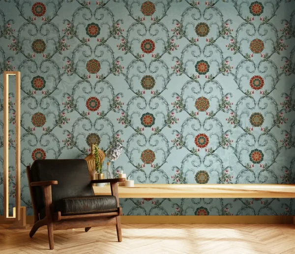 Ornate Blue Floral Damask Wallpaper