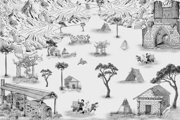 Ancient Village Life Art Wallpaper