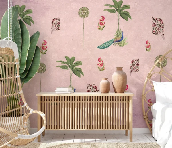 Peacock Paradise Pink Tropical Wallpaper