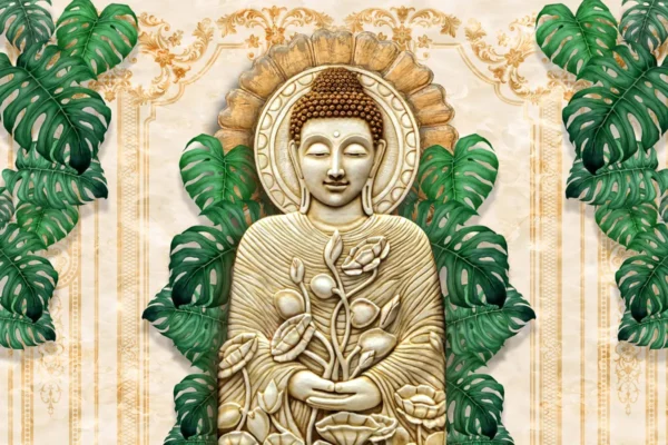 Serene Buddha Wall Mural with Lotus & Leaves