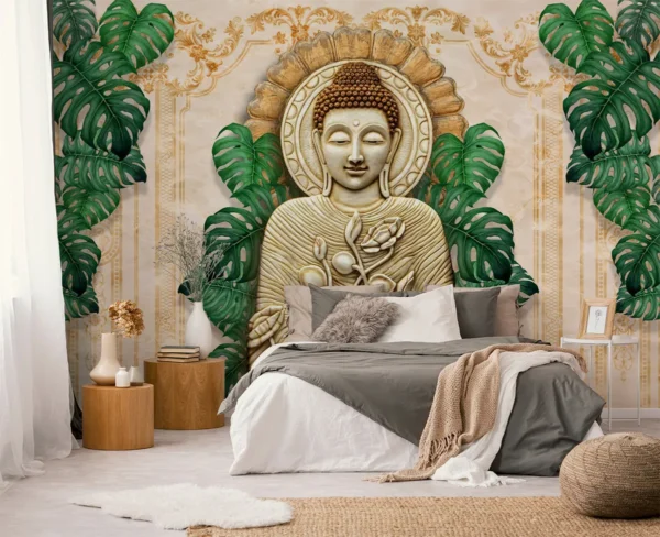 Serene Buddha Wall Mural with Lotus & Leaves