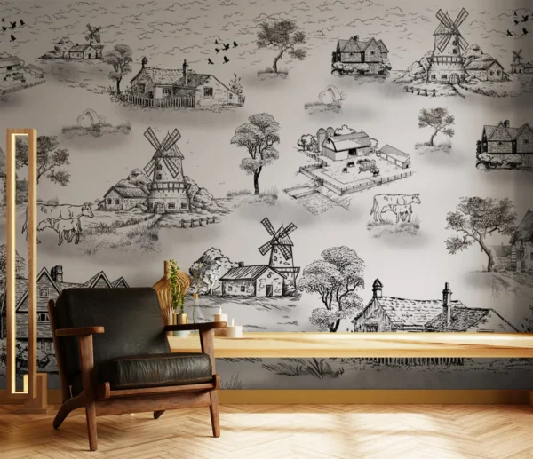 Vintage Countryside Sketch Wallpaper