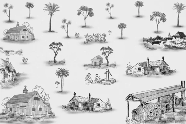 Vintage Farmhouse Village Life Wall Mural